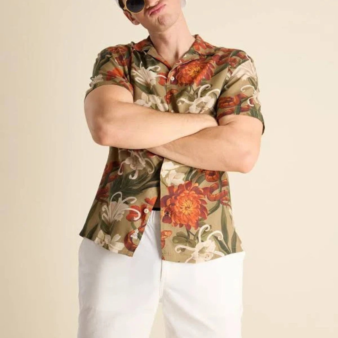 Vintage Floral Tropical Print Casual Button-Up Summer Shirt